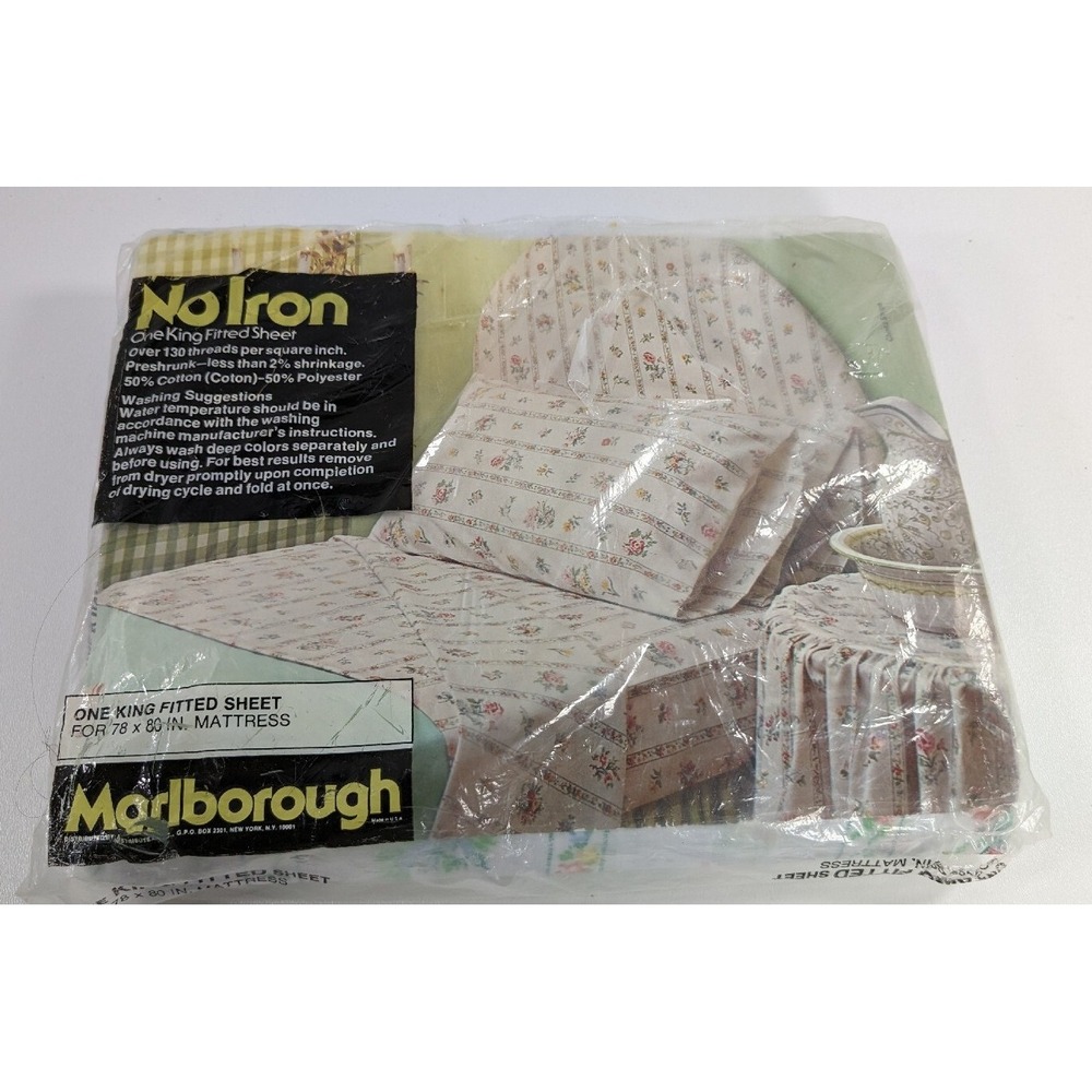 Vintage Marlborough No Iron One King Fitted Sheet White Floral 78 x 80 in